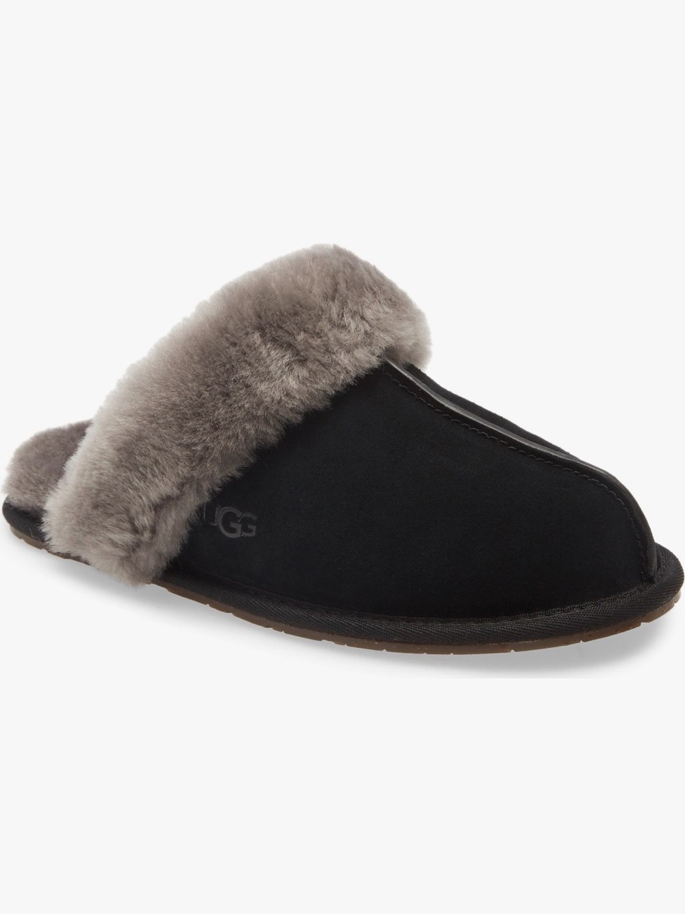 NEW UGG Women's Black Suede Slippers with Gray Fur Collar